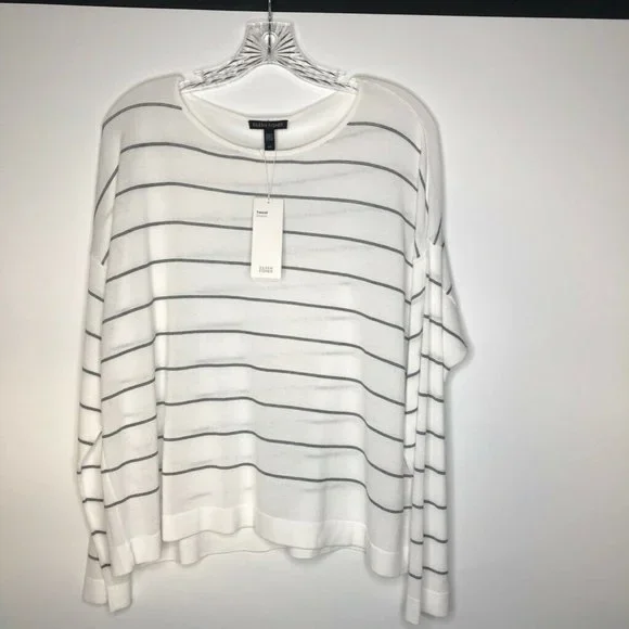 Eileen Fisher Womens Box Top White Stripe Jewel Ne - Picture 6 of 6
